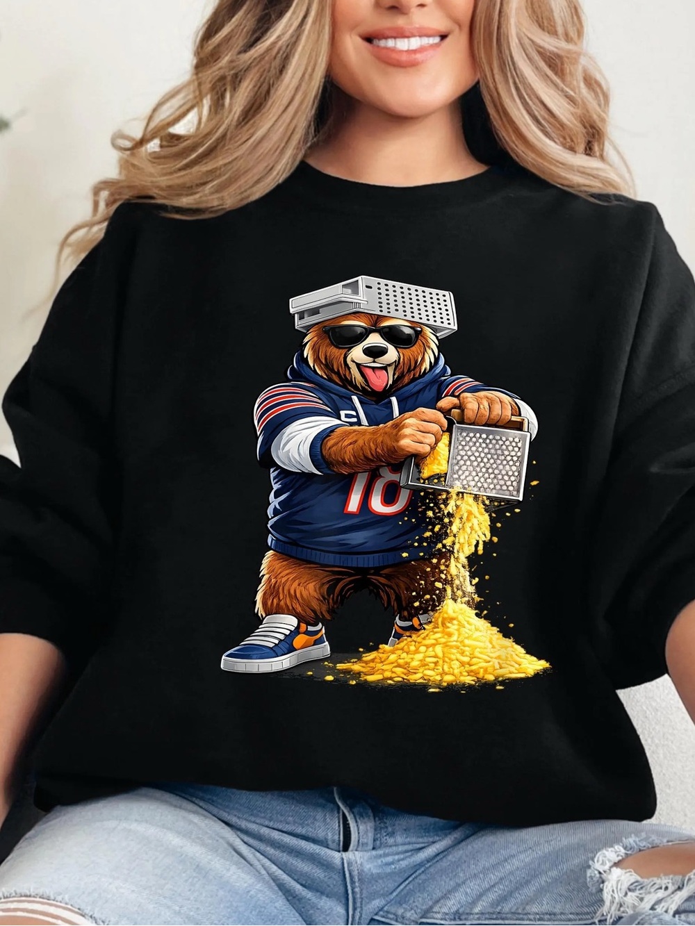 Cheese Grater Bear Football Sweatshirt, Funny Sports Graphic Sweatshirt — Black